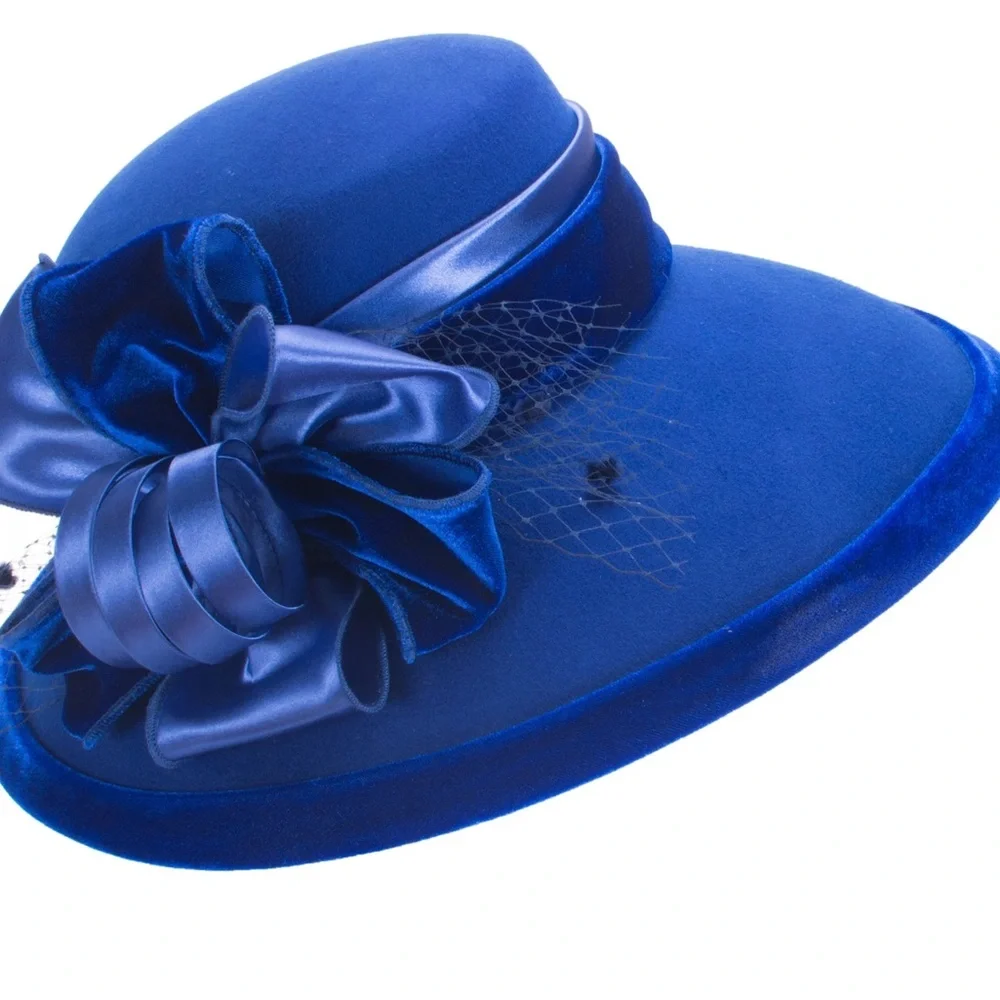 Lowliet Elegant Royal Blue Wool Women's Dress Hat with Satin Bow NEW - Picture 2 of 8